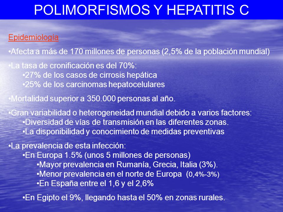 Epidemiología Afecta a más de 170 millones de personas (2,5% de la población mundial) La tasa de cronificación es del 70%: