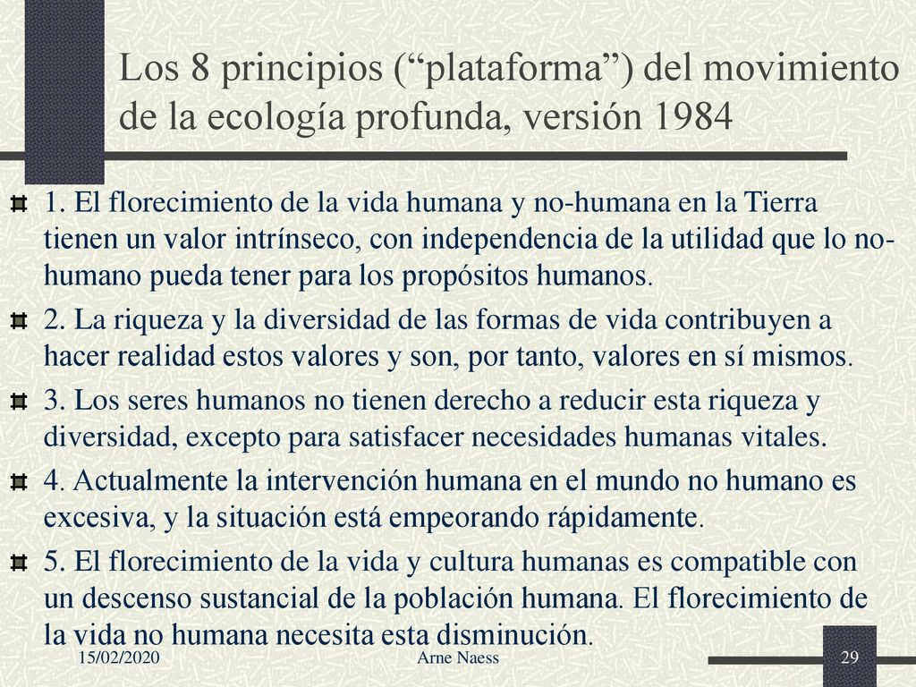Los 8 principios ( plataforma ) del movimiento de la ecología profunda, versión 1984