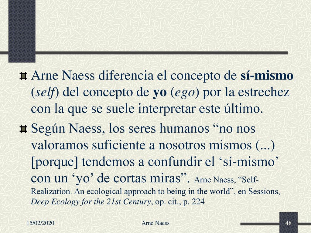 Arne Naess diferencia el concepto de sí-mismo (self) del concepto de yo (ego) por la estrechez con la que se suele interpretar este último.