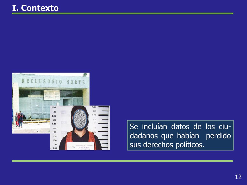 I. Contexto Se incluían datos de los ciu-dadanos que habían perdido sus derechos políticos. 12