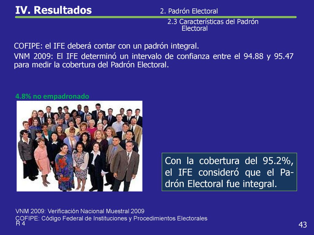 IV. Resultados 2. Padrón Electoral. 2.3 Características del Padrón Electoral. COFIPE: el IFE deberá contar con un padrón integral.