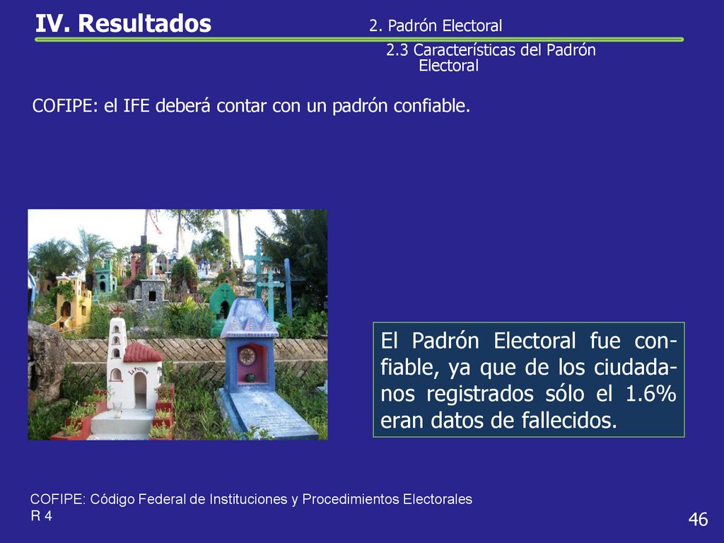 IV. Resultados 2. Padrón Electoral. 2.3 Características del Padrón Electoral. COFIPE: el IFE deberá contar con un padrón confiable.