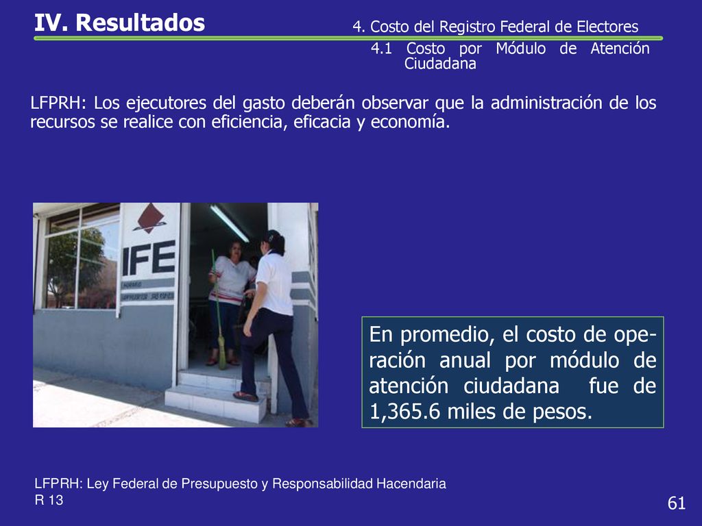 IV. Resultados 4. Costo del Registro Federal de Electores. 4.1 Costo por Módulo de Atención Ciudadana.