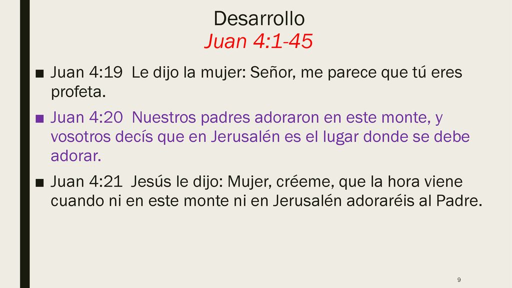 Desarrollo Juan 4:1-45 Juan 4:19 Le dijo la mujer: Señor, me parece que tú eres profeta.