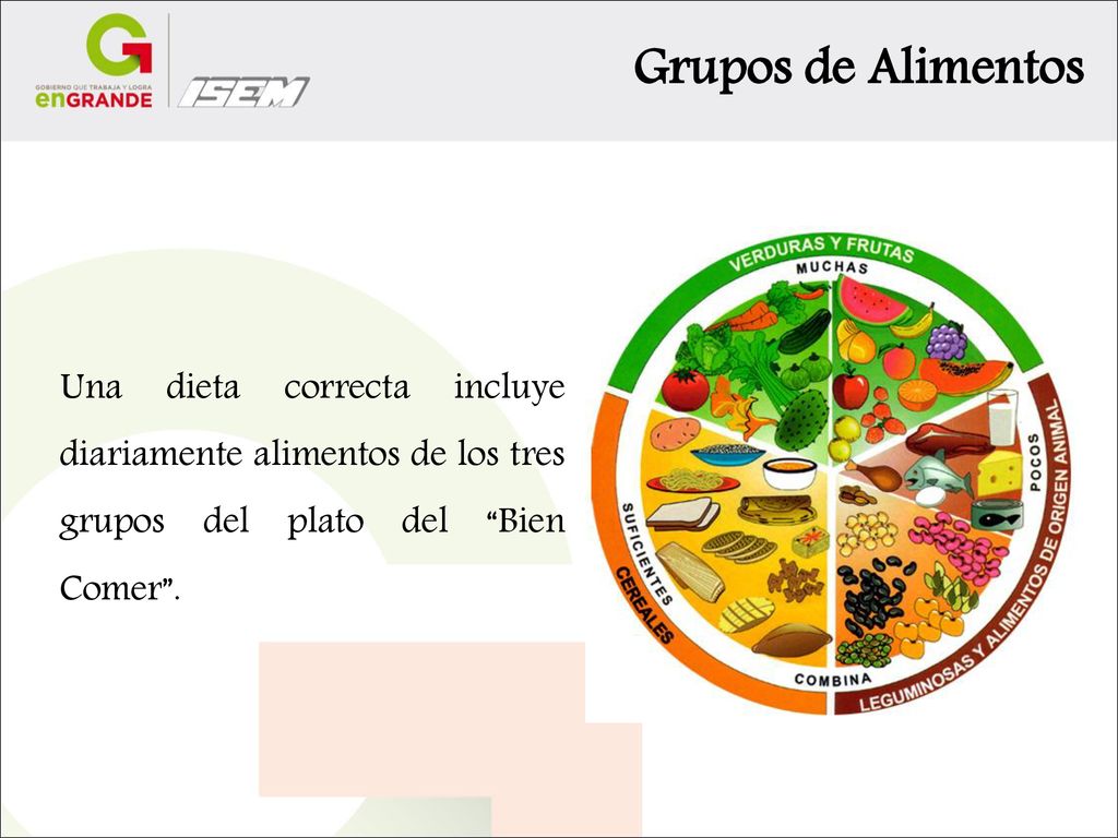 Grupos de Alimentos Una dieta correcta incluye diariamente alimentos de los tres grupos del plato del Bien Comer .