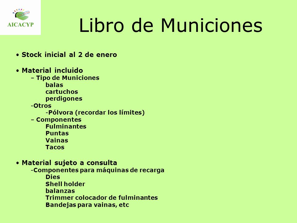 Libro de Municiones Stock inicial al 2 de enero Material incluido