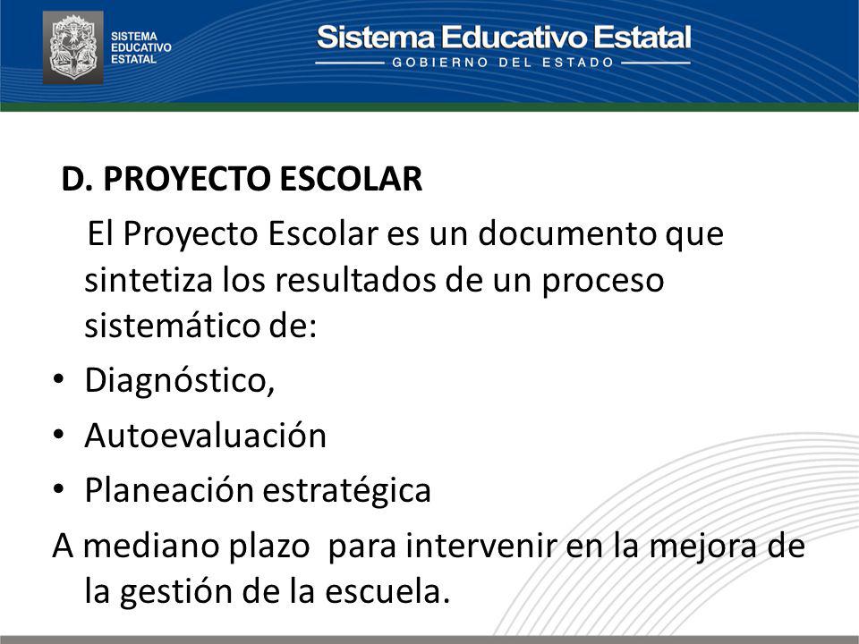 D. PROYECTO ESCOLAR El Proyecto Escolar es un documento que sintetiza los resultados de un proceso sistemático de: