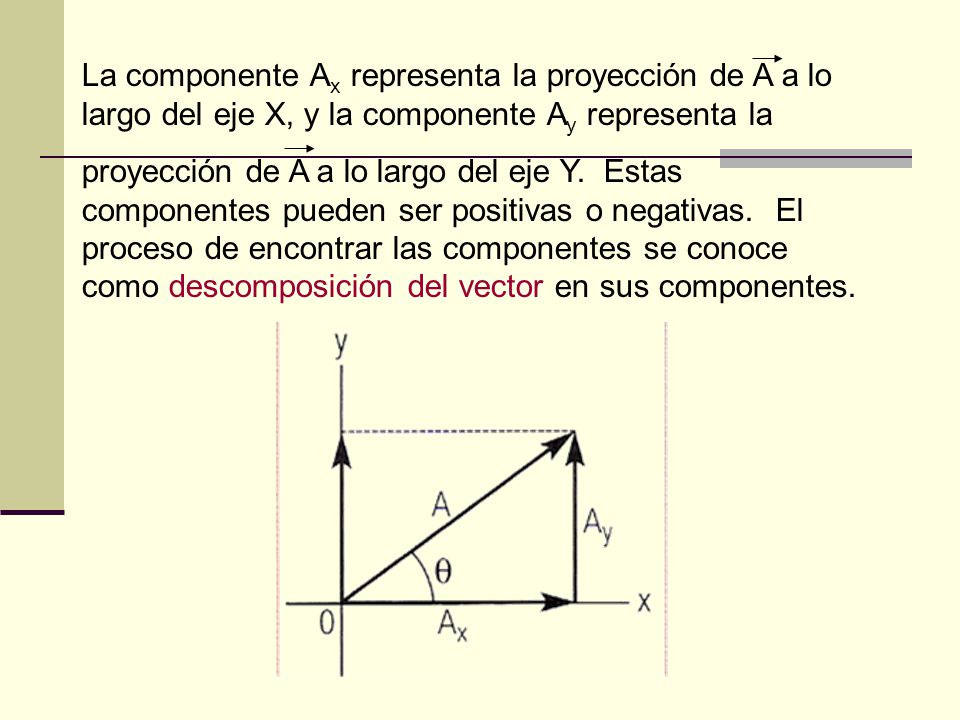 La componente Ax representa la proyección de A a lo largo del eje X, y la componente Ay representa la