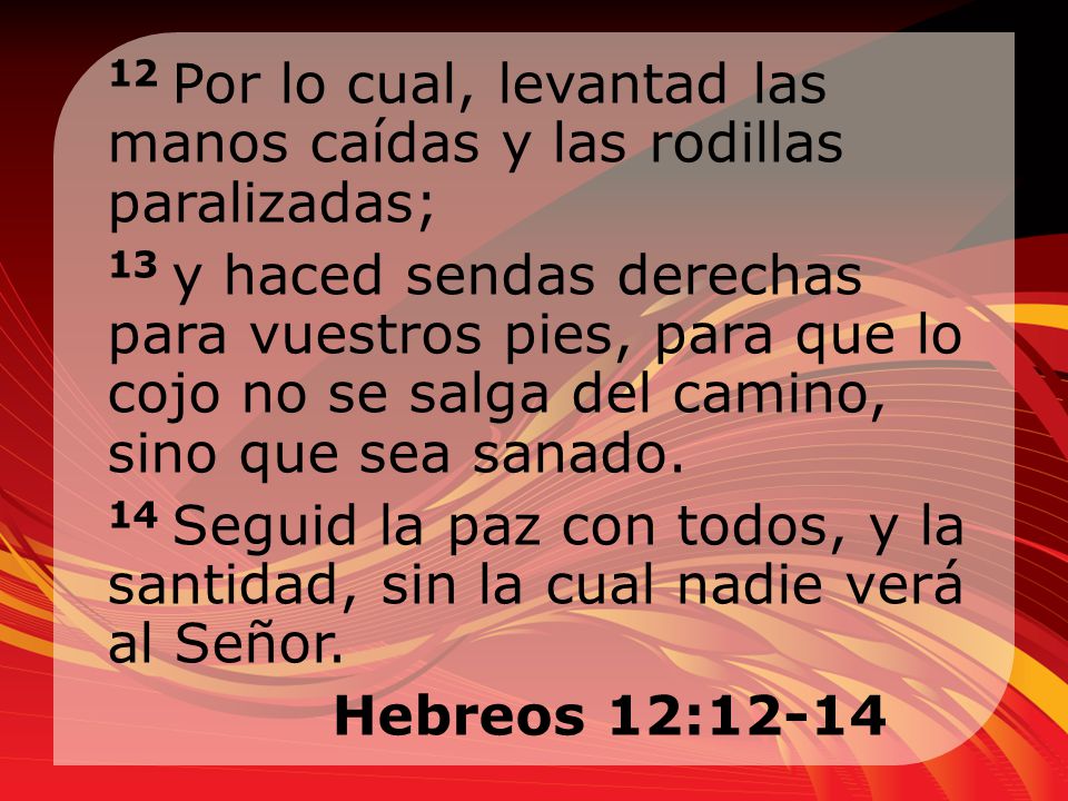 12 Por lo cual, levantad las manos caídas y las rodillas paralizadas; 13 y haced sendas derechas para vuestros pies, para que lo cojo no se salga del camino, sino que sea sanado.