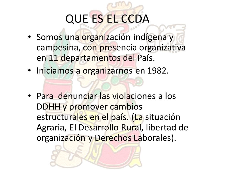 QUE ES EL CCDA Somos una organización indígena y campesina, con presencia organizativa en 11 departamentos del País.