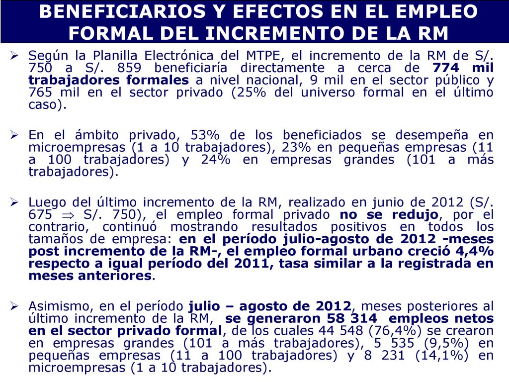 BENEFICIARIOS Y EFECTOS EN EL EMPLEO FORMAL DEL INCREMENTO DE LA RM
