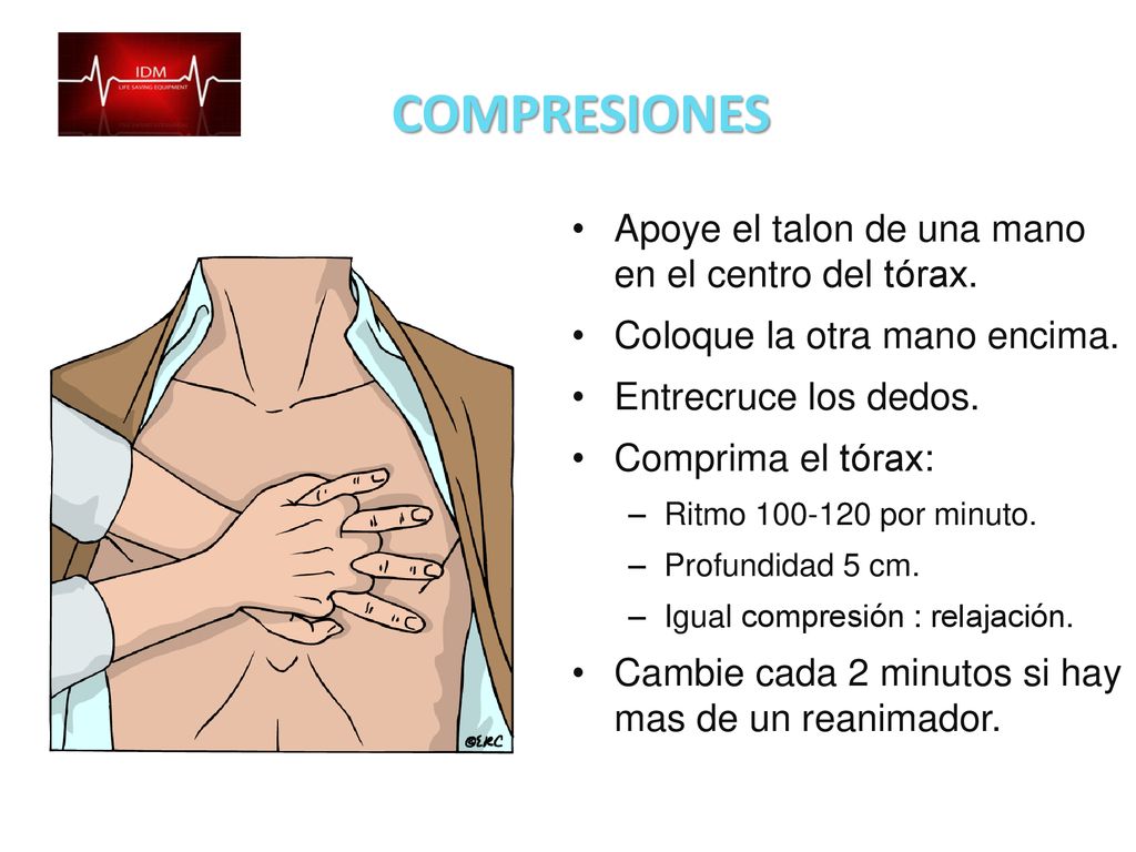 COMPRESIONES Apoye el talon de una mano en el centro del tórax.