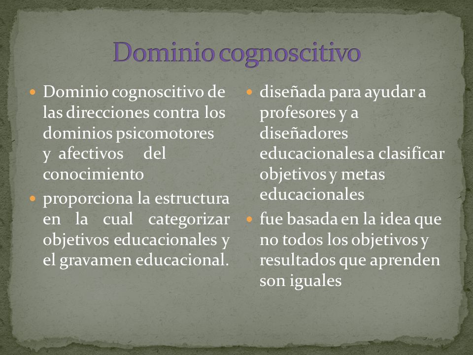 Dominio cognoscitivo Dominio cognoscitivo de las direcciones contra los dominios psicomotores y afectivos del conocimiento.