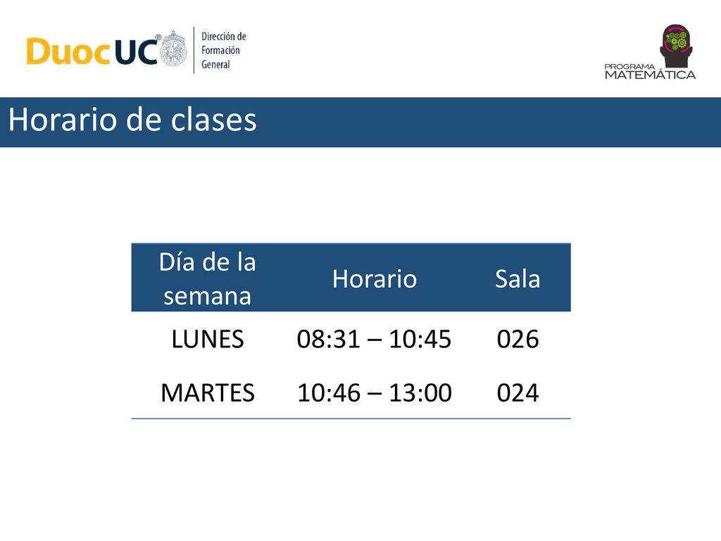 Horario de clases Día de la semana Horario Sala LUNES 08:31 – 10:45