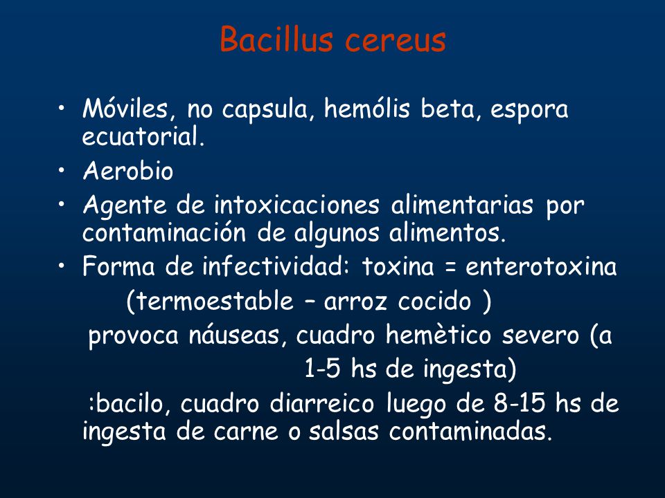 Bacillus cereus Móviles, no capsula, hemólis beta, espora ecuatorial.