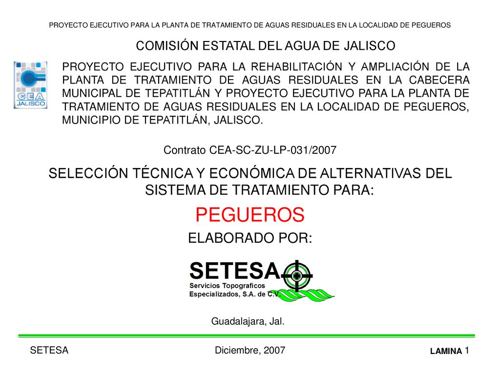 PROYECTO EJECUTIVO PARA LA PLANTA DE TRATAMIENTO DE AGUAS RESIDUALES EN LA LOCALIDAD DE PEGUEROS