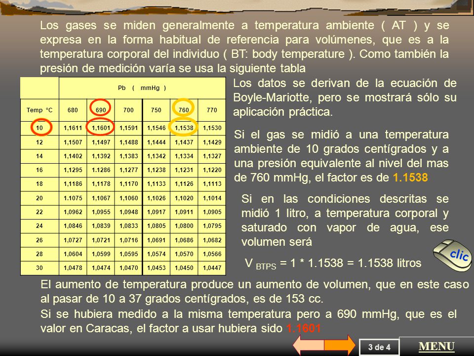 Los gases se miden generalmente a temperatura ambiente ( AT ) y se expresa en la forma habitual de referencia para volúmenes, que es a la temperatura corporal del individuo ( BT: body temperature ). Como también la presión de medición varía se usa la siguiente tabla