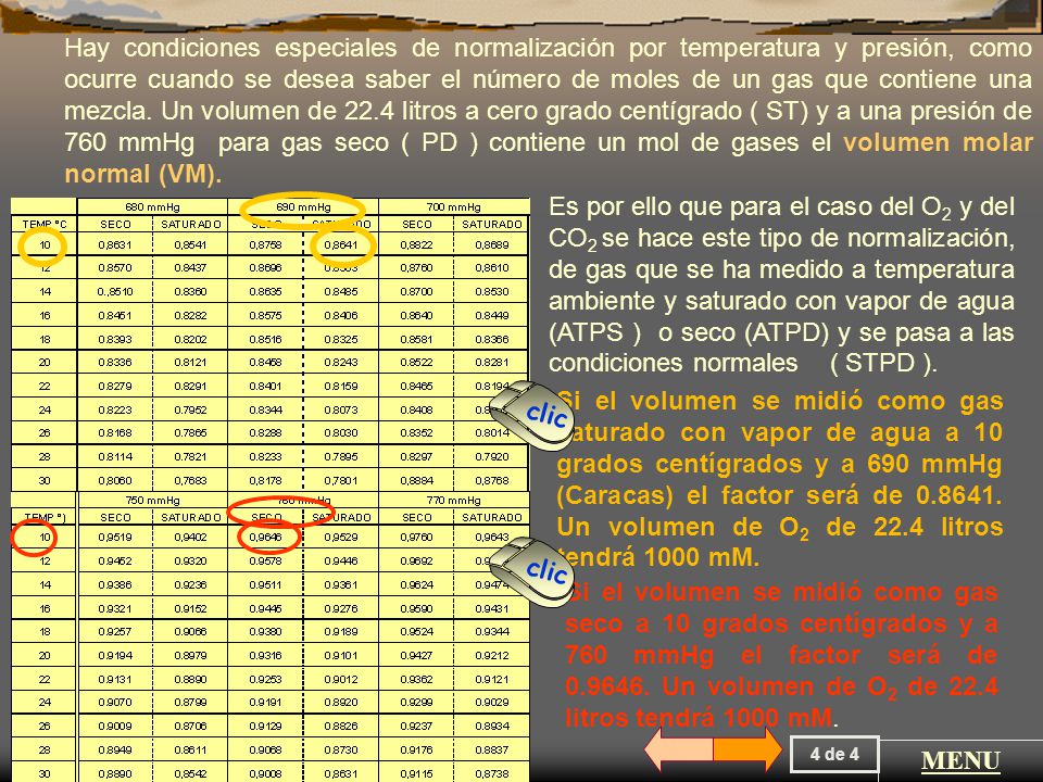 Hay condiciones especiales de normalización por temperatura y presión, como ocurre cuando se desea saber el número de moles de un gas que contiene una mezcla. Un volumen de 22.4 litros a cero grado centígrado ( ST) y a una presión de 760 mmHg para gas seco ( PD ) contiene un mol de gases el volumen molar normal (VM).