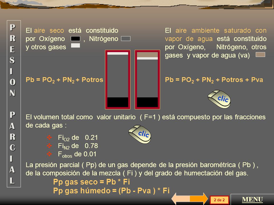 P R E S I O N P A R C I A L Pp gas seco = Pb * Fi