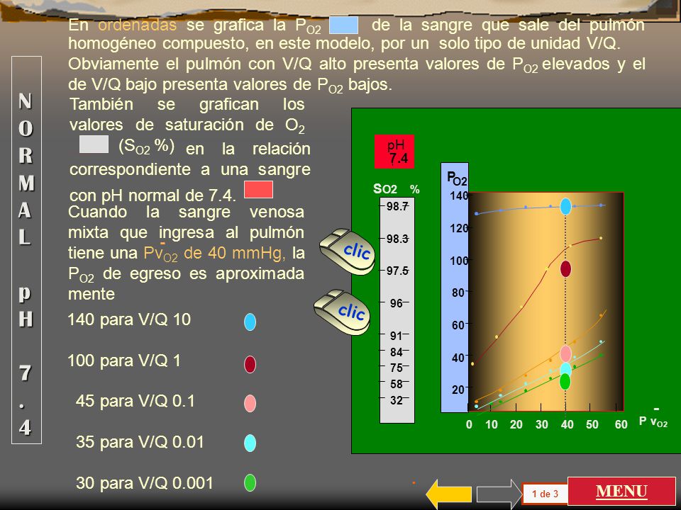 En ordenadas se grafica la PO2 de la sangre que sale del pulmón homogéneo compuesto, en este modelo, por un solo tipo de unidad V/Q.
