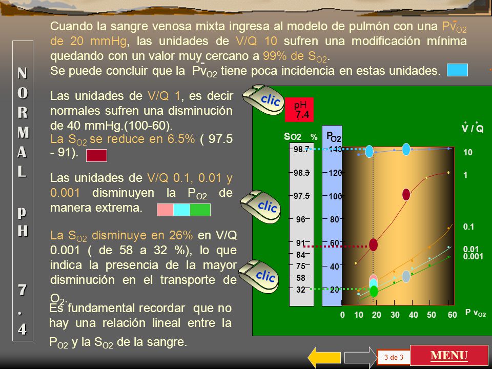 Cuando la sangre venosa mixta ingresa al modelo de pulmón con una PvO2 de 20 mmHg, las unidades de V/Q 10 sufren una modificación mínima quedando con un valor muy cercano a 99% de SO2.