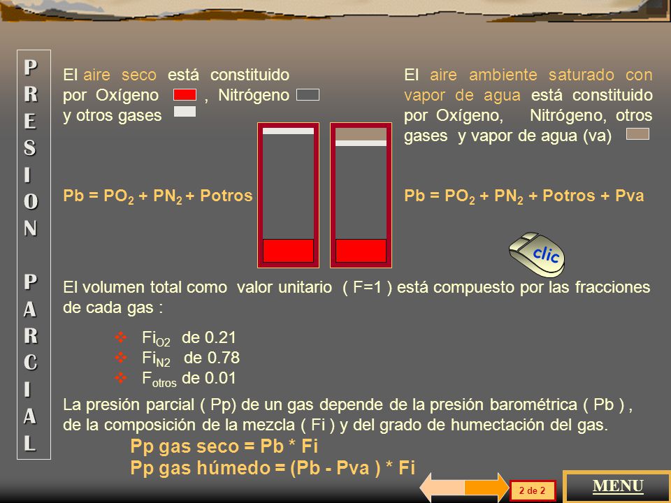 P R E S I O N P A R C I A L Pp gas seco = Pb * Fi