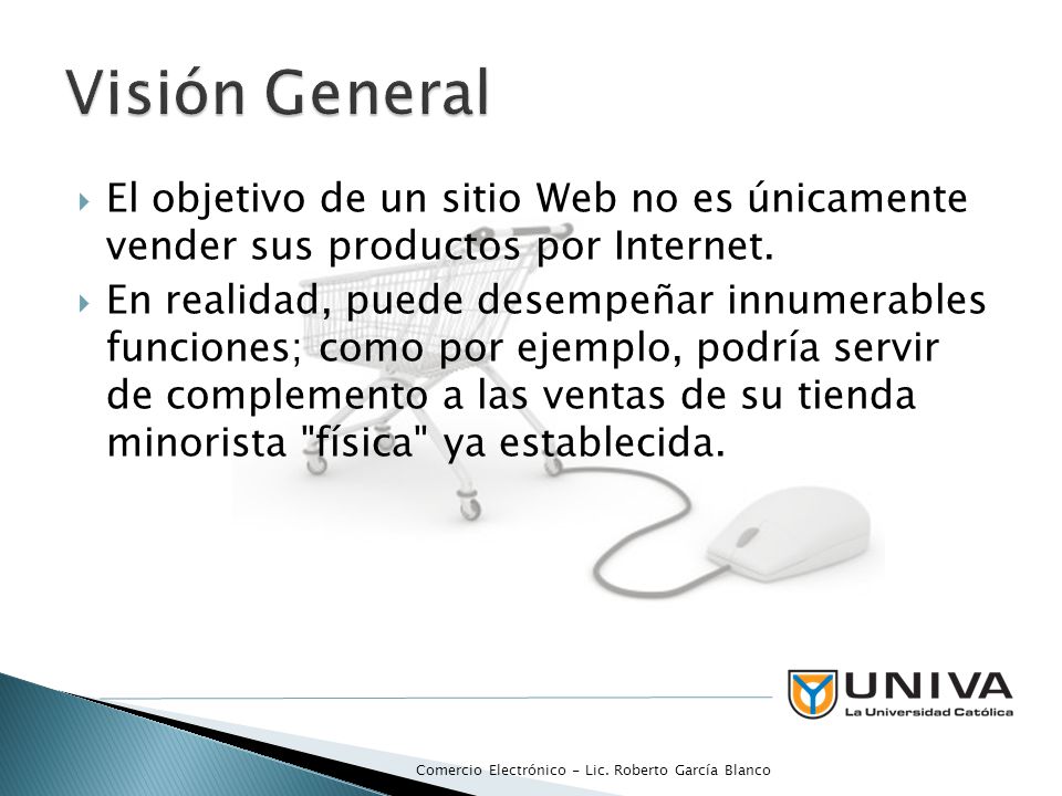 Visión General El objetivo de un sitio Web no es únicamente vender sus productos por Internet.