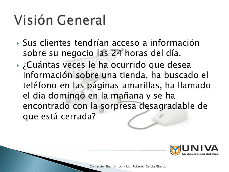 Visión General Sus clientes tendrían acceso a información sobre su negocio las 24 horas del día.