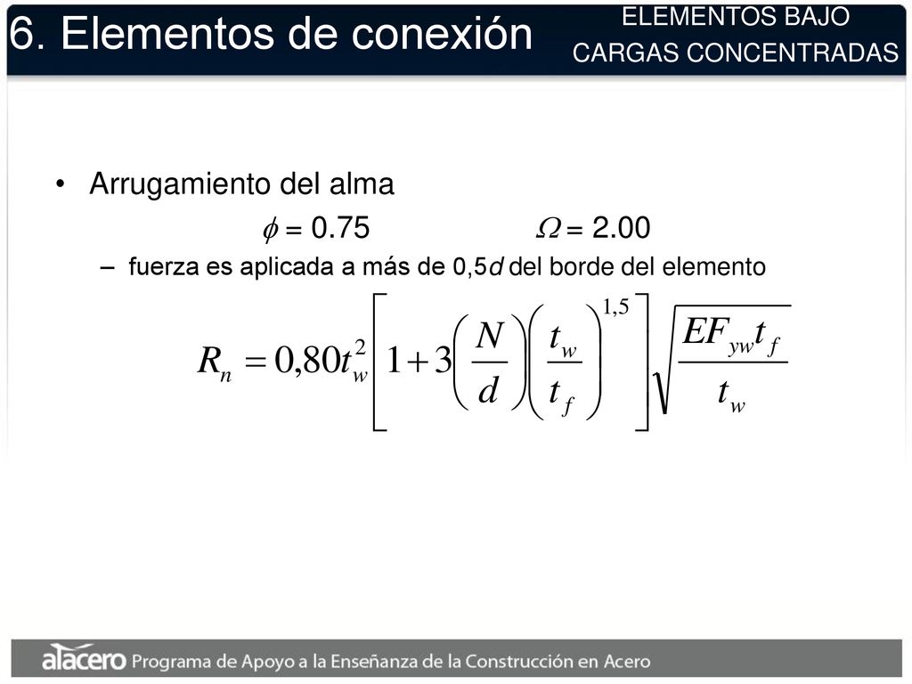 6. Elementos de conexión Arrugamiento del alma f = 0.75 W = 2.00