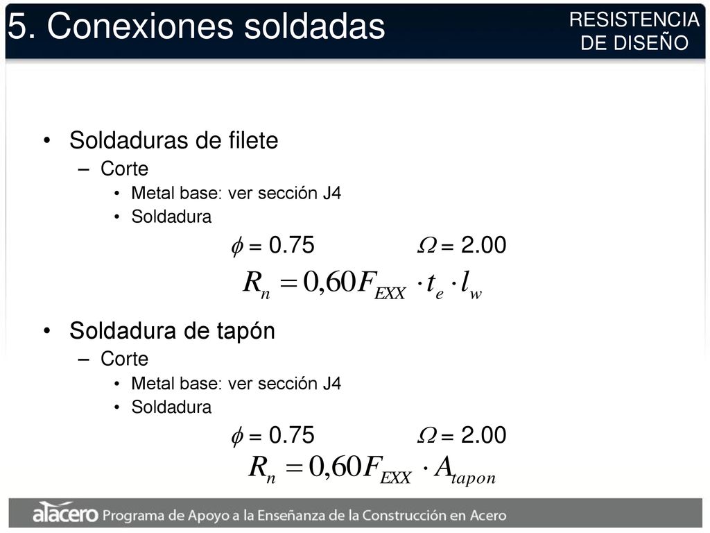5. Conexiones soldadas Soldaduras de filete f = 0.75 W = 2.00