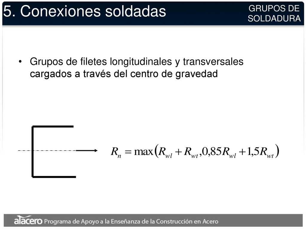 5. Conexiones soldadas GRUPOS DE. SOLDADURA. Grupos de filetes longitudinales y transversales cargados a través del centro de gravedad.