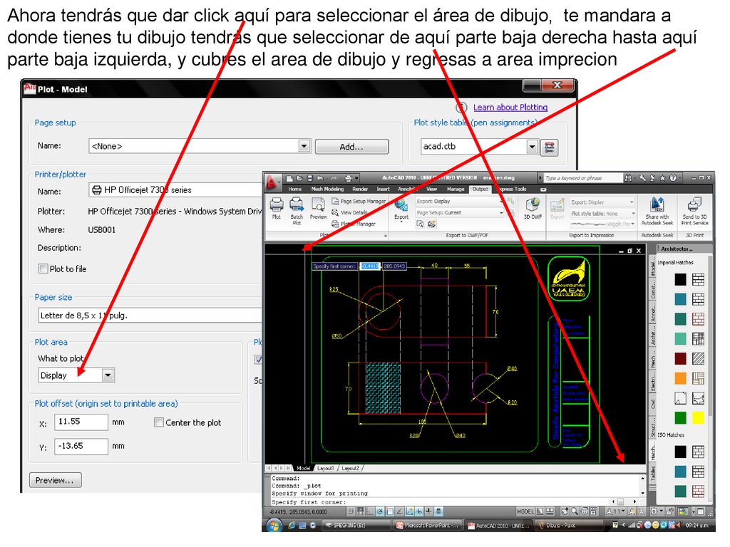 Ahora tendrás que dar click aquí para seleccionar el área de dibujo, te mandara a donde tienes tu dibujo tendrás que seleccionar de aquí parte baja derecha hasta aquí parte baja izquierda, y cubres el area de dibujo y regresas a area imprecion