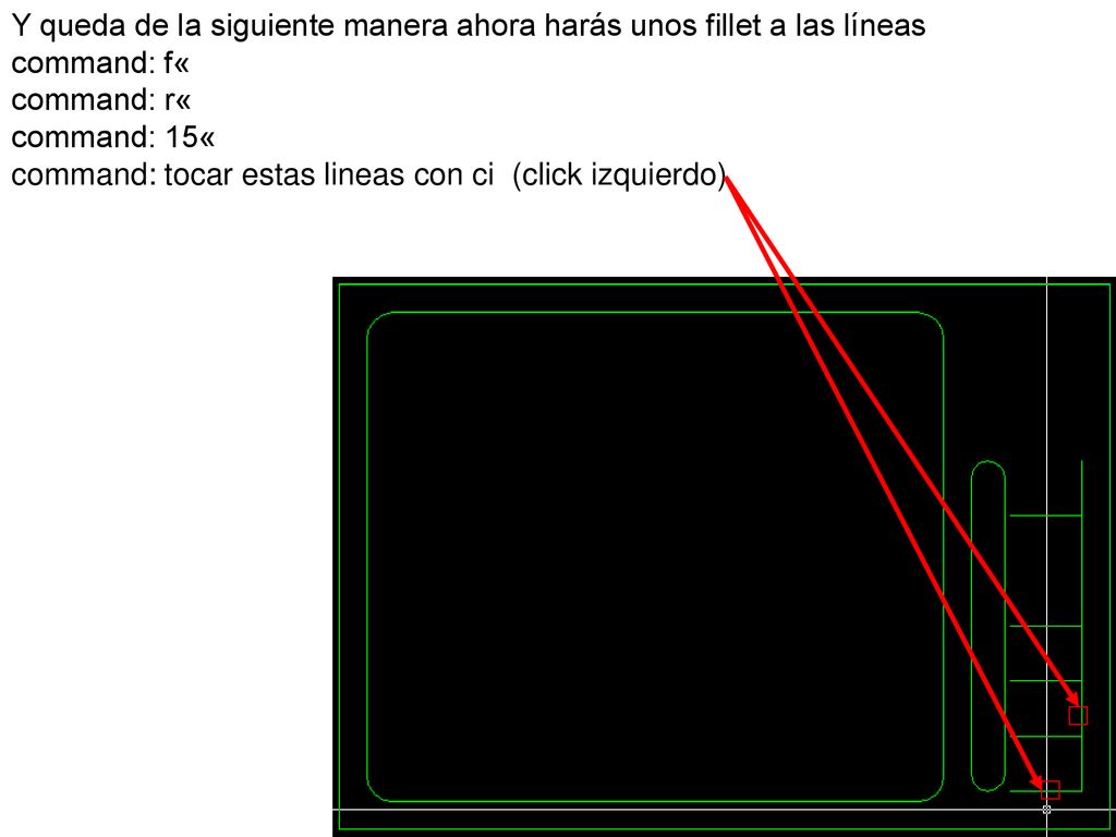 Y queda de la siguiente manera ahora harás unos fillet a las líneas command: f« command: r« command: 15« command: tocar estas lineas con ci (click izquierdo)