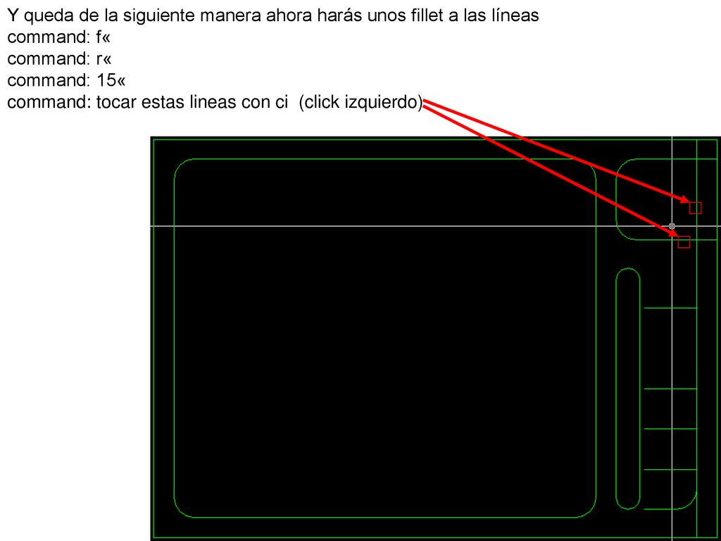 Y queda de la siguiente manera ahora harás unos fillet a las líneas command: f« command: r« command: 15« command: tocar estas lineas con ci (click izquierdo)