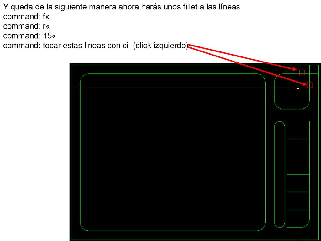 Y queda de la siguiente manera ahora harás unos fillet a las líneas command: f« command: r« command: 15« command: tocar estas lineas con ci (click izquierdo)