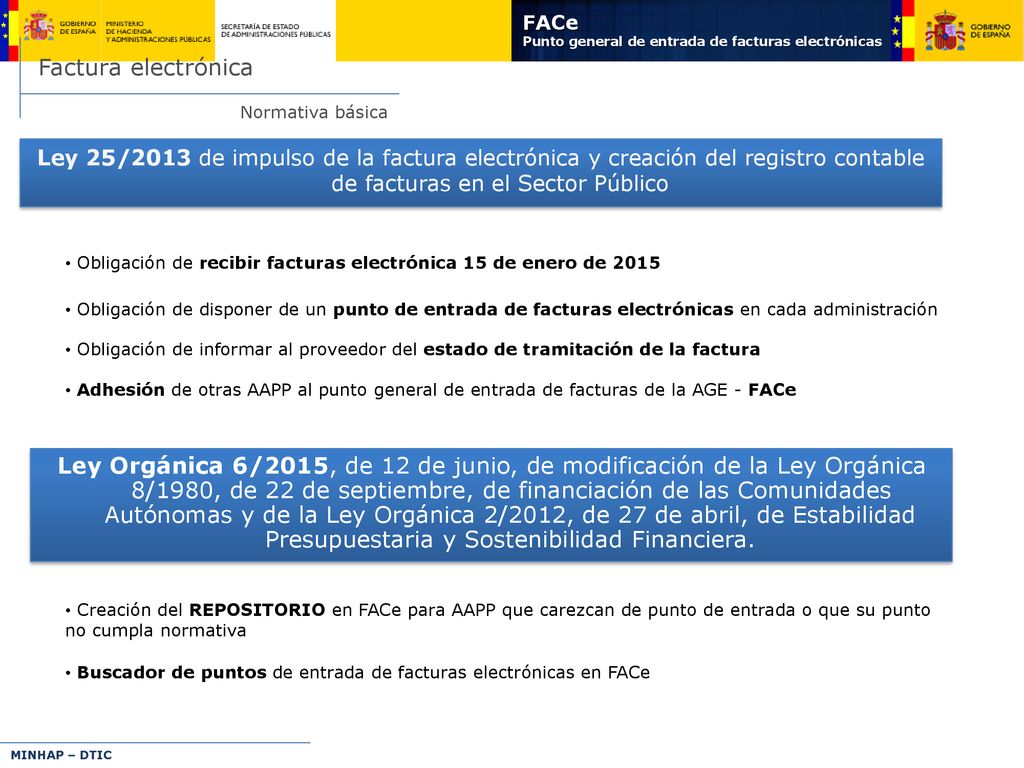 FACe Punto general de entrada de facturas electrónicas. Factura electrónica. Normativa básica.