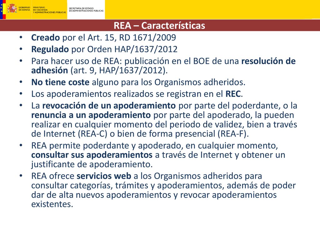 REA – Características Creado por el Art. 15, RD 1671/2009