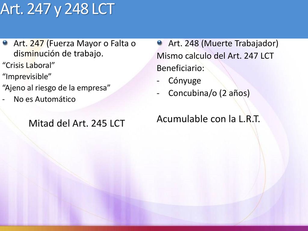 Art. 247 y 248 LCT Acumulable con la L.R.T. Mitad del Art. 245 LCT
