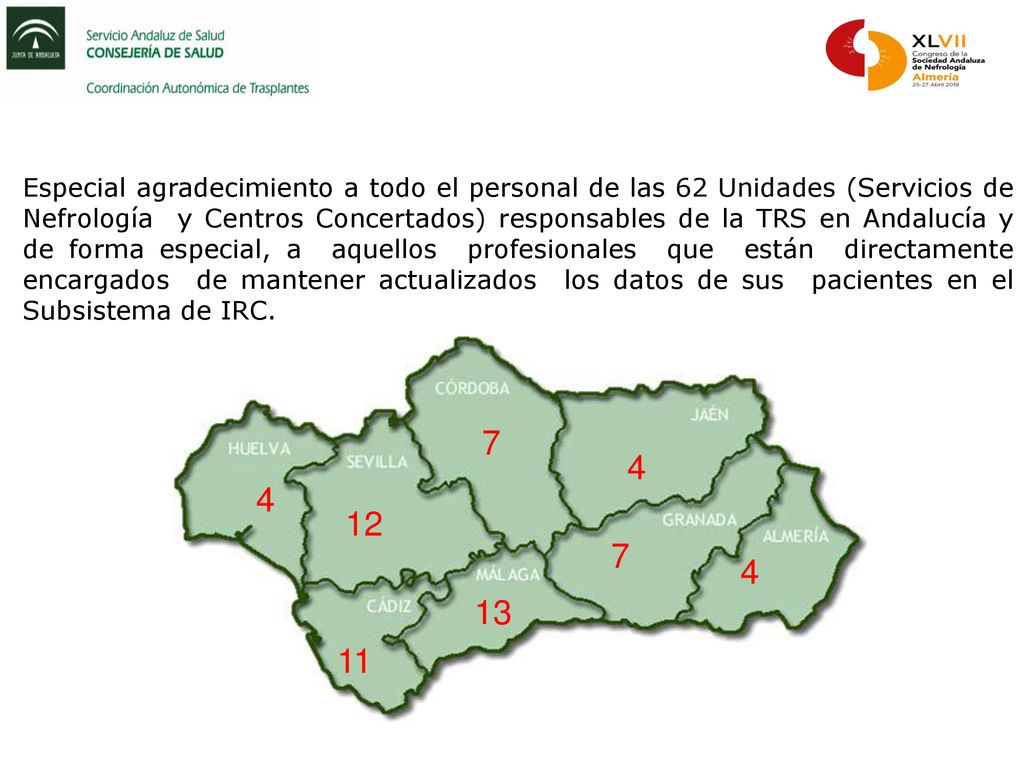 Especial agradecimiento a todo el personal de las 62 Unidades (Servicios de Nefrología y Centros Concertados) responsables de la TRS en Andalucía y de forma especial, a aquellos profesionales que están directamente encargados de mantener actualizados los datos de sus pacientes en el Subsistema de IRC.