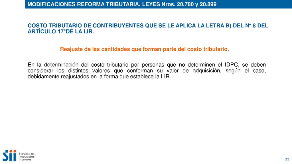 Reajuste de las cantidades que forman parte del costo tributario.