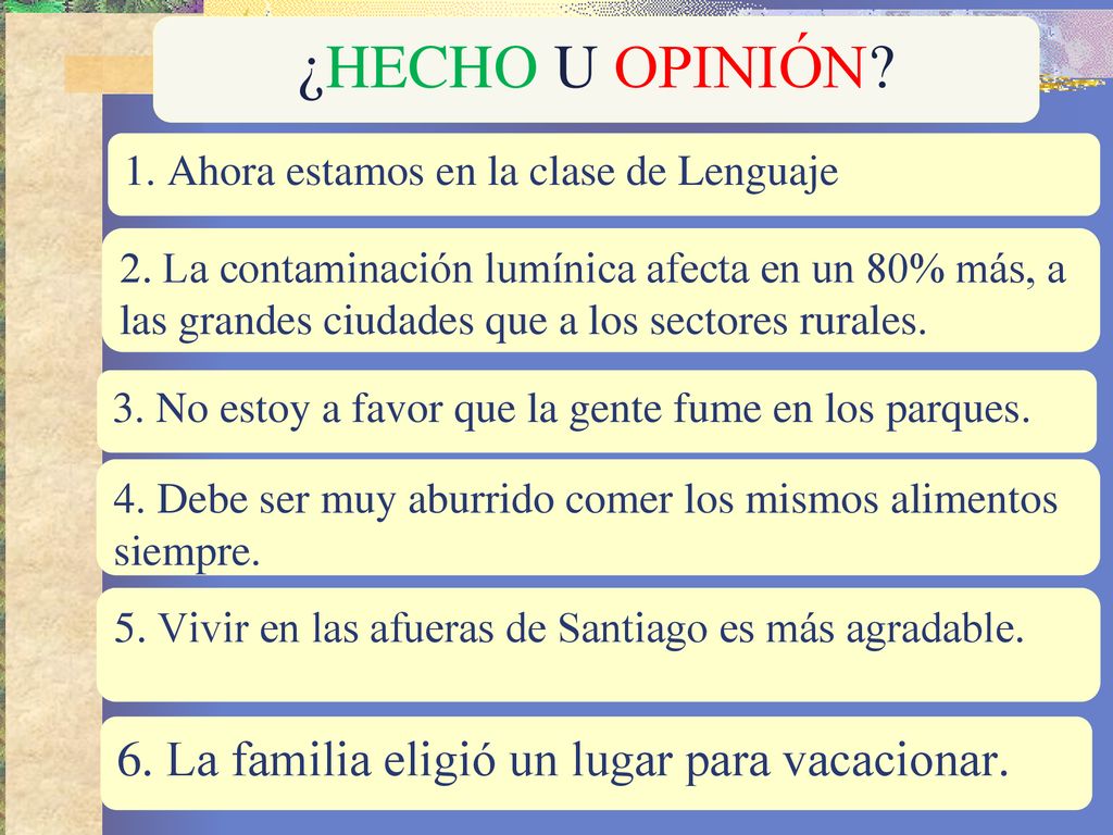 ¿HECHO U OPINIÓN 6. La familia eligió un lugar para vacacionar.