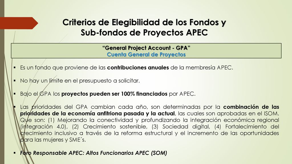 Criterios de Elegibilidad de los Fondos y Sub-fondos de Proyectos APEC