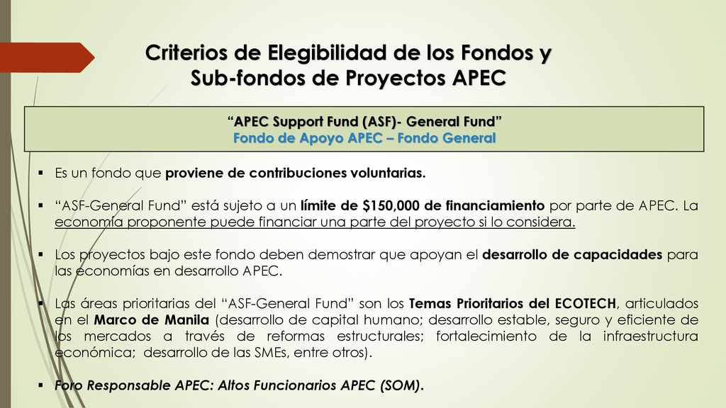 Criterios de Elegibilidad de los Fondos y Sub-fondos de Proyectos APEC