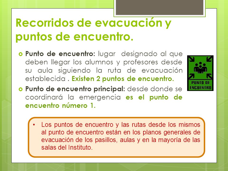 Recorridos de evacuación y puntos de encuentro.