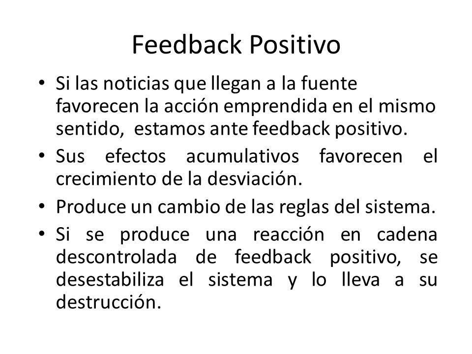 Feedback Positivo Si las noticias que llegan a la fuente favorecen la acción emprendida en el mismo sentido, estamos ante feedback positivo.