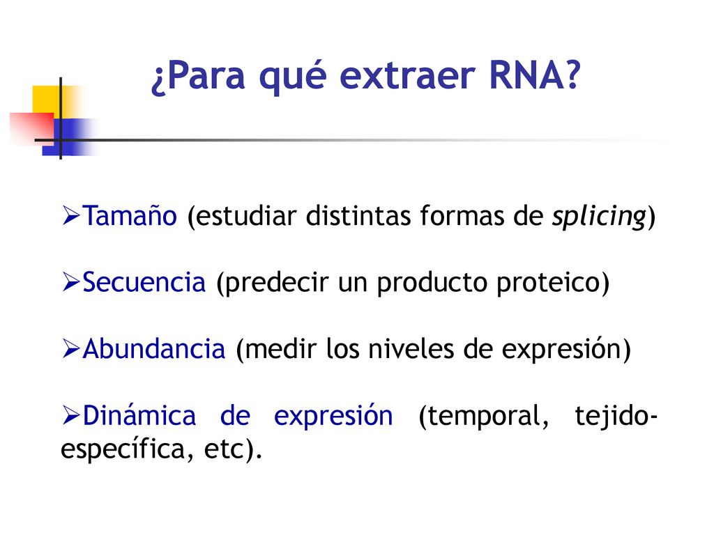 ¿Para qué extraer RNA Tamaño (estudiar distintas formas de splicing)