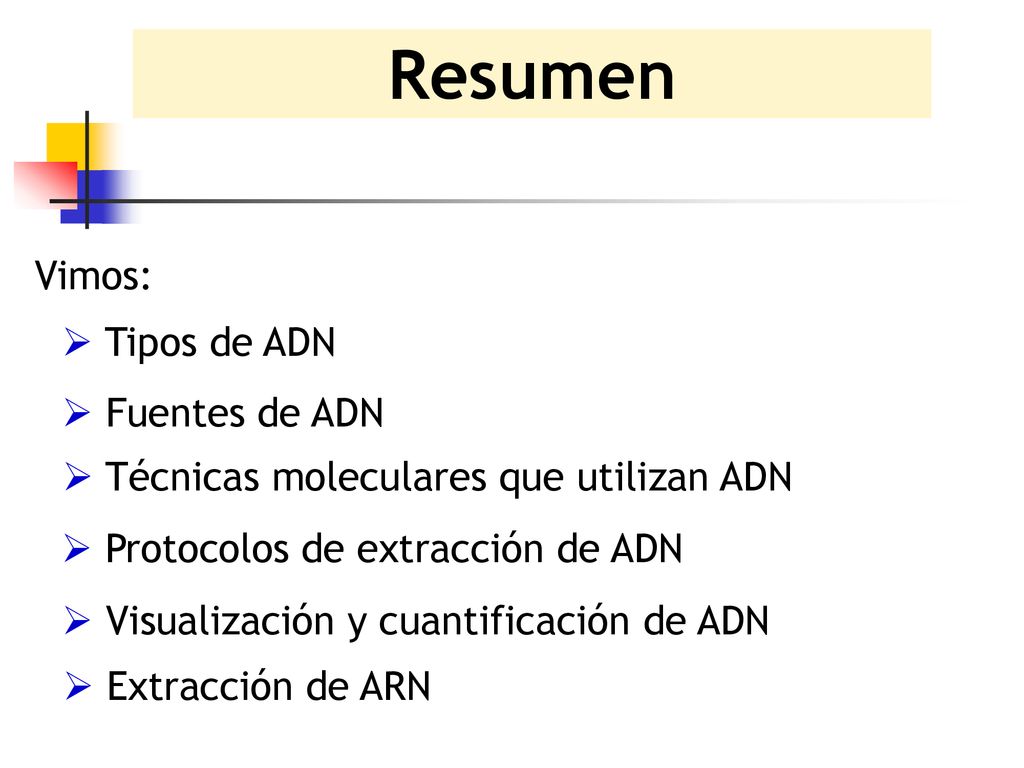 Resumen Vimos: Tipos de ADN Fuentes de ADN