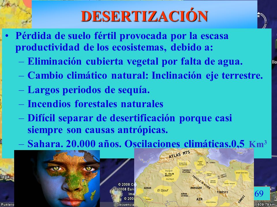 DESERTIZACIÓN Pérdida de suelo fértil provocada por la escasa productividad de los ecosistemas, debido a: