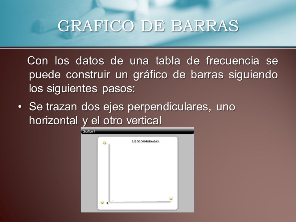 GRAFICO DE BARRAS Con los datos de una tabla de frecuencia se puede construir un gráfico de barras siguiendo los siguientes pasos: