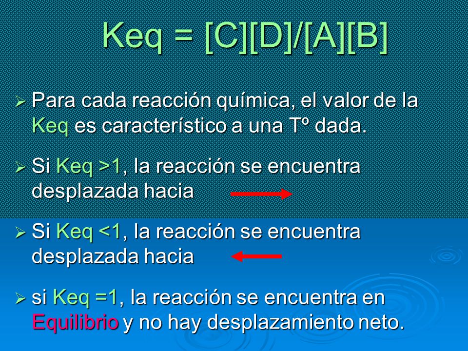 Keq = [C][D]/[A][B] Para cada reacción química, el valor de la Keq es característico a una Tº dada.
